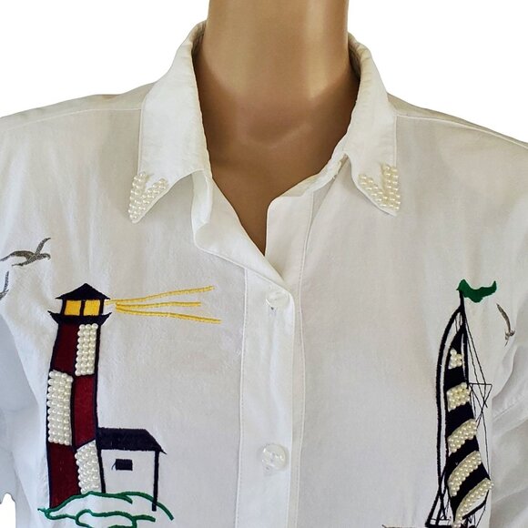 Jane Ashley Shirt Women's Medium White Nautical Embroidered Beaded Button-Down - Picture 6 of 12